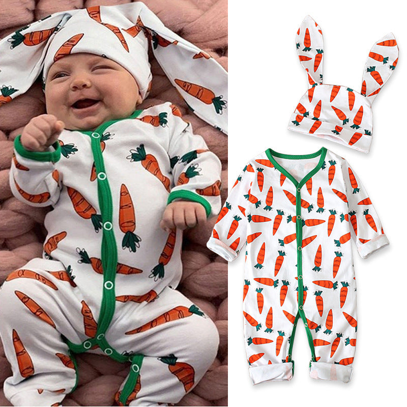 Luxury Cotton Easter Baby Jumpsuit Romper featuring a cute carrot print, designed for ultimate comfort and style, perfect for Easter celebrations.