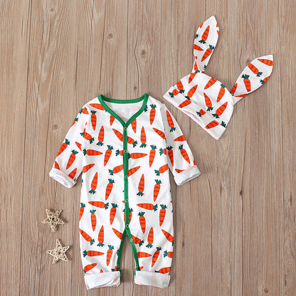 Luxury Cotton Easter Baby Jumpsuit Romper laid flat, highlighting its adorable carrot design and coordinating bunny hat, ideal for fashionable baby attire.
