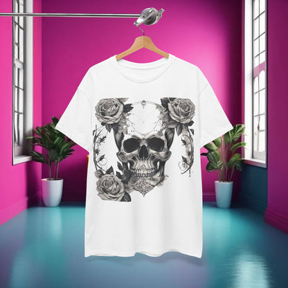 Styling showcase of the Skulls and Roses Cotton Tee in an aesthetically pleasing room, demonstrating its versatility and fashion-forward appeal.