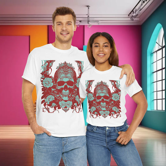 Skulls and Roses Cotton Tee displayed on a couple in a vibrant room, highlighting a stunning graphic design of skulls entwined with roses, ideal for luxury casual wear.