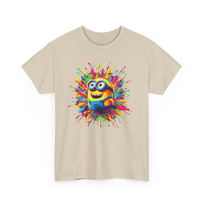 A beige Funny T-Shirt showcasing a cheerful Minion graphic engulfed in a paint splash design. This artistic piece is ideal for adding a splash of colour and humour to any wardrobe.
