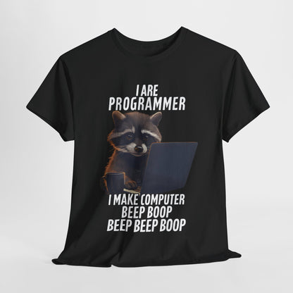 Funny Raccoon Programmer T-Shirt featuring a cartoon raccoon at a laptop with the phrase 'I Are Programmer' and humorous text for coders and tech enthusiasts.