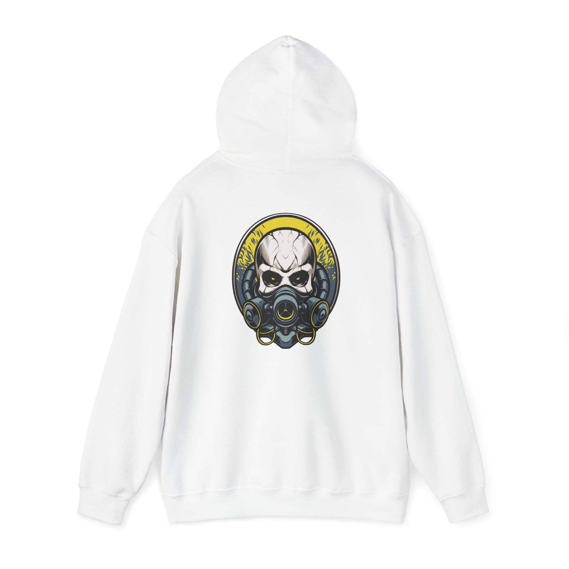 Stylish white hoodie with a striking back graphic of a steampunk skull wearing a gas mask, merging edgy art with fashion.