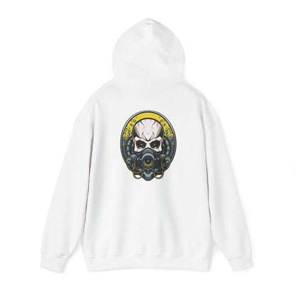 Stylish white hoodie with a striking back graphic of a steampunk skull wearing a gas mask, merging edgy art with fashion.