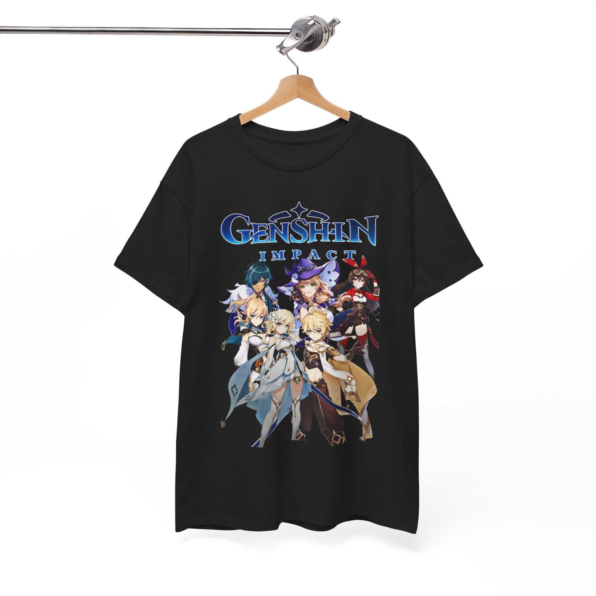 Chic Genshin Impact T-shirt elegantly hanging, featuring a captivating design that merges gaming enthusiasm with fashion-forward style.
