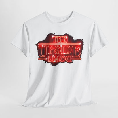 Premium unisex graphic t-shirt featuring the iconic design of 'The Upside Down' from Stranger Things, illuminated in vibrant neon-red against a crisp white backdrop, perfect for fans of supernatural thrillers.