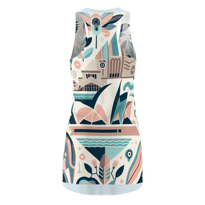 Close-up of the eco-friendly fabric of the Sydney-Inspired Racerback Dress by Dazzling Dreams Studio, showcasing exquisite pastel colours and playful motifs.