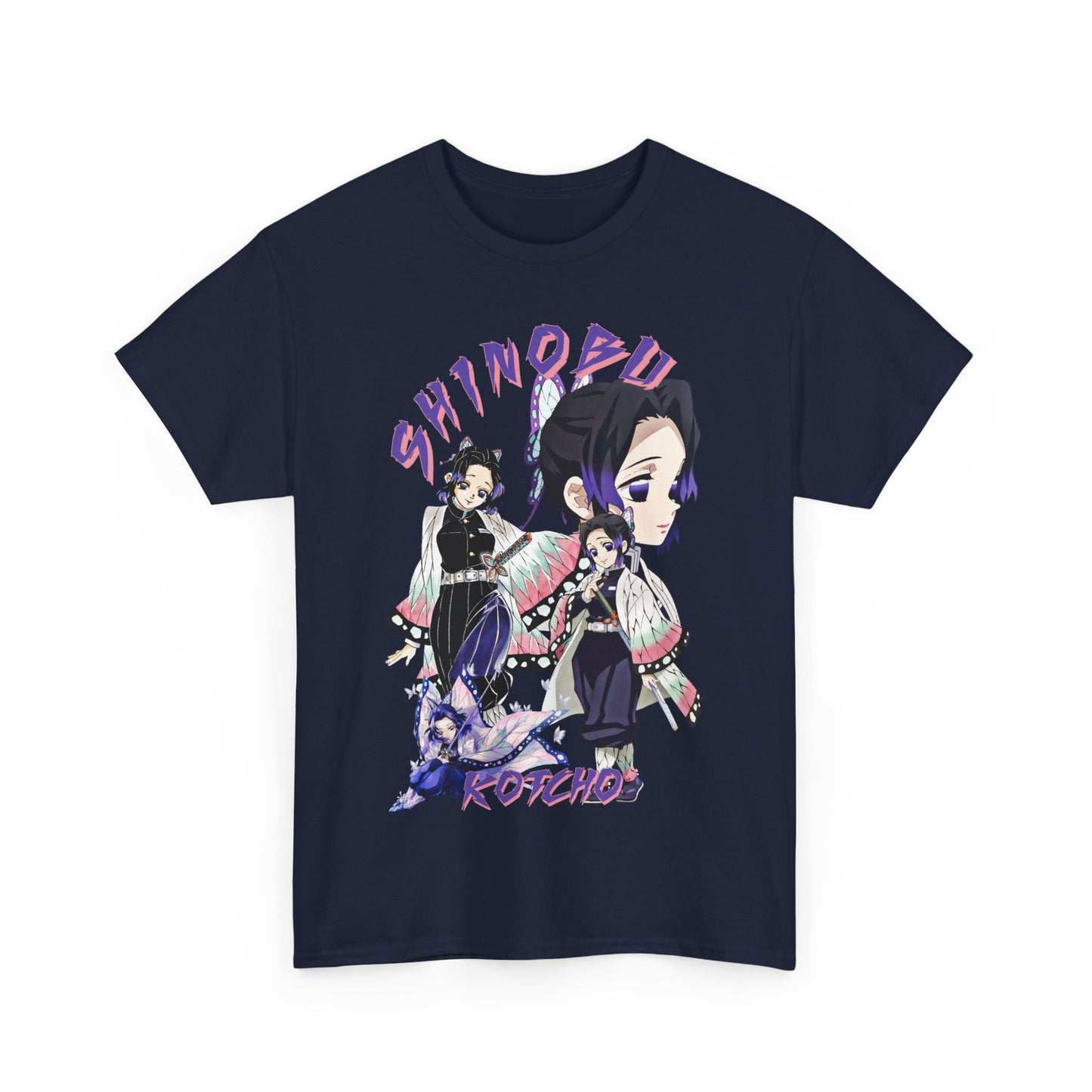 Luxurious navy blue T-shirt featuring intricate anime artwork of Shinobu Kocho from Demon Slayer, adorned with butterfly motifs and bold typography.