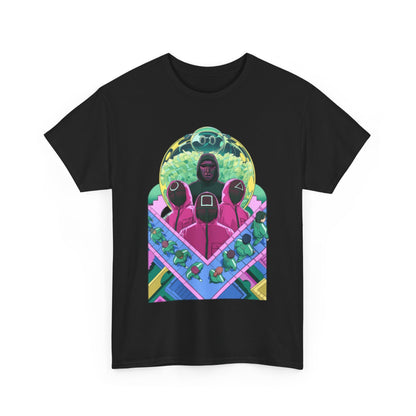 Sophisticated black t-shirt displaying a vivid graphic inspired by a renowned competition, highlighting iconic characters in an artistic arrangement that captivates the eye.