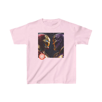 Kids Iron Man Heavy Cotton T-Shirt with Hulk Print in pastel pink accentuating an engaging design of Iron Man facing off against Thanos, perfect for adventurous youngsters.