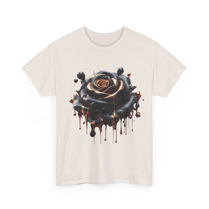 Close-Up Abstract Rose Unisex Cotton Tee Graphic T-Shirt featuring an elegant depiction of a black rose with molten bronze elements against a neutral background, embodying a blend of sophistication and artistry.