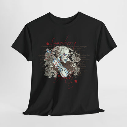 High-quality Vintage Baroque Skull T-Shirt displayed prominently, featuring an intricate design with a skull, violin, and elegant floral details, perfect for unique fashion statements.