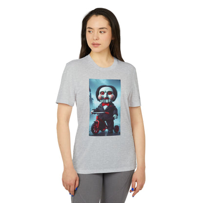 Model wearing the Adidas Unisex Halloween Jigsaw Cute T-shirt in grey, featuring a chic Jigsaw character print, perfect for Halloween enthusiasts.