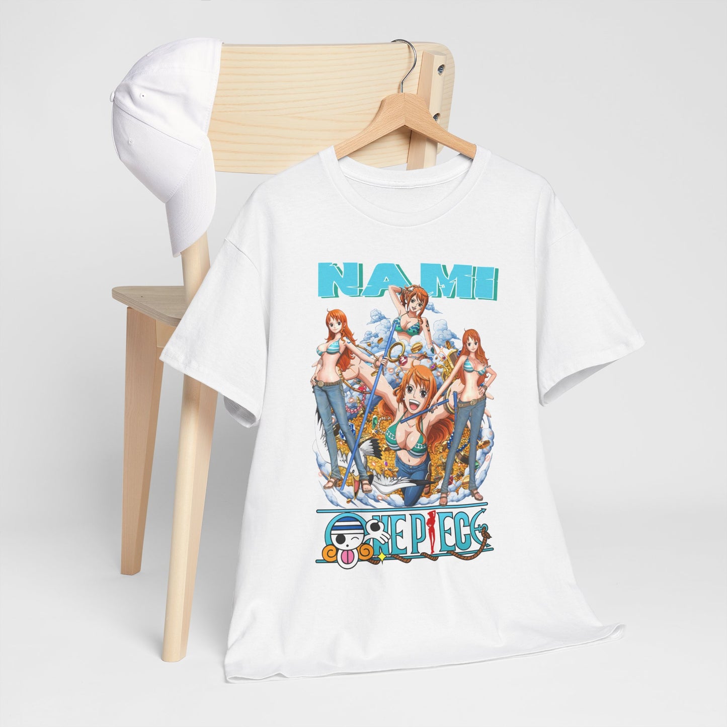 Elegantly displayed white t-shirt showcasing the stunning Nami design from One Piece, paired with a stylish cap, perfect for any fashion-conscious anime fan.