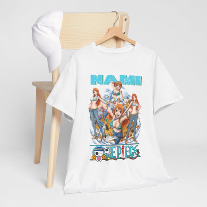 Elegantly displayed white t-shirt showcasing the stunning Nami design from One Piece, paired with a stylish cap, perfect for any fashion-conscious anime fan.