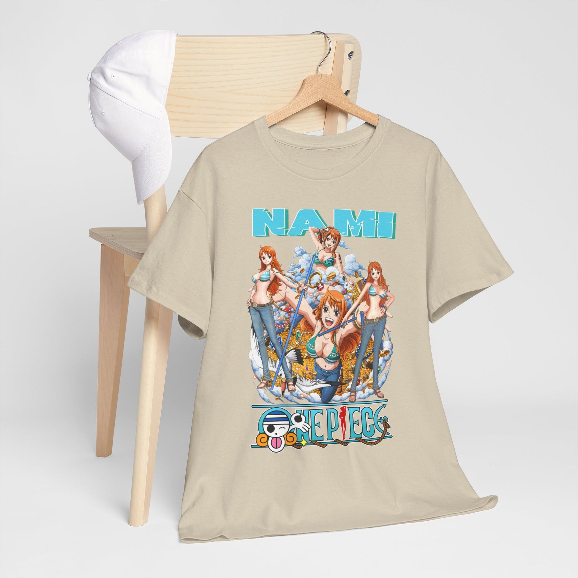 Fashion-forward Nami t-shirt draped over a modern chair, showcasing a vibrant anime design and 'ONE PIECE' logo, ideal for a sophisticated casual look.