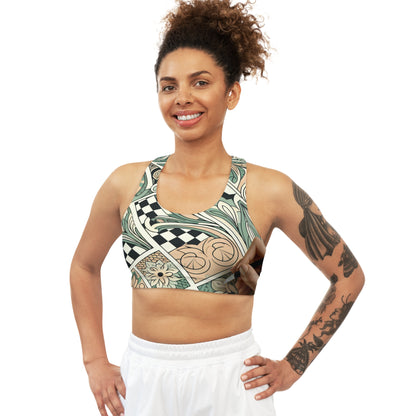 Vivienne Belmont Women's Sports Bra styled for athleisure, highlighting its ultra-comfort fit and elegant pastel tones by Dazzling Dreams Studio.