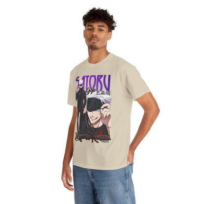 Fashionable male model wearing a Gojo Satoru t-shirt, exuding confidence and style, perfectly capturing the essence of Jujutsu Kaisen for an upscale audience.