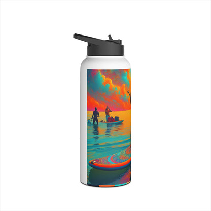 Sophisticated Fantasy Paddleboarding Stainless Steel Water Bottle featuring a dynamic ocean scene with paddleboarders, perfect for luxury outdoor experiences.