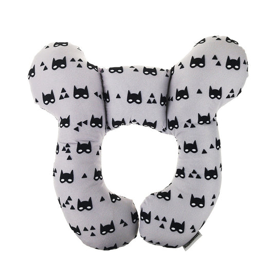 U-Shaped Infant Pillow by Dazzling Dreams Studio featuring a luxurious design with black superhero masks on a grey background, ideal for providing neck support and comfort for your baby in strollers, cribs, or playpens.