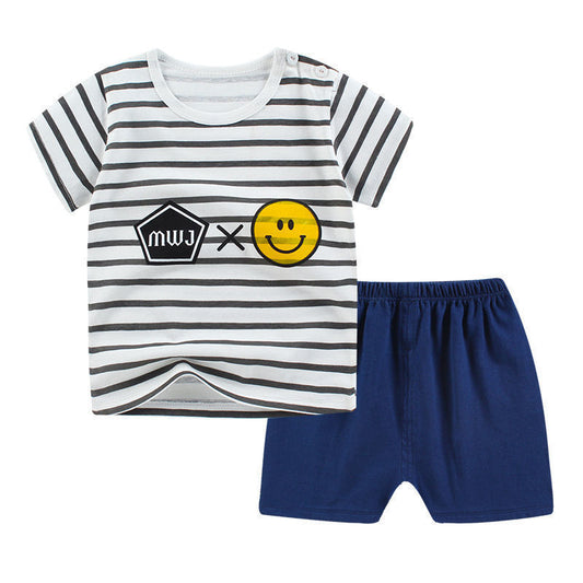 Stylish Summer Infant Newborn Baby Boy Clothes set with a trendy striped T-shirt and navy shorts, featuring a cheerful smiley face design, ideal for summer outings.