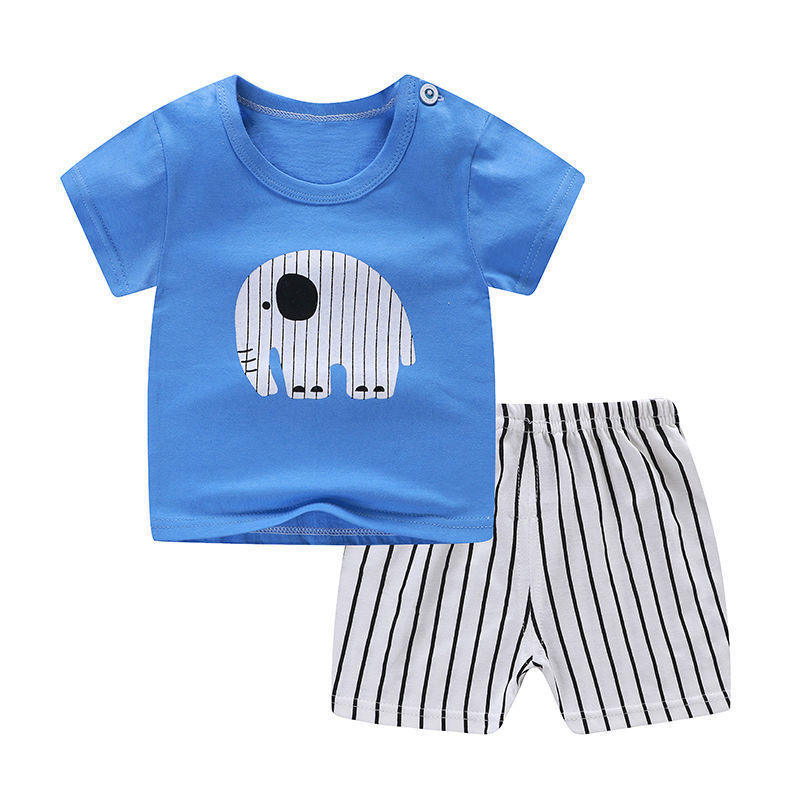 Elegant Summer Infant Newborn Baby Boy Clothes set showcasing a blue T-shirt with a cute elephant print and striped shorts, perfect for comfort and style.