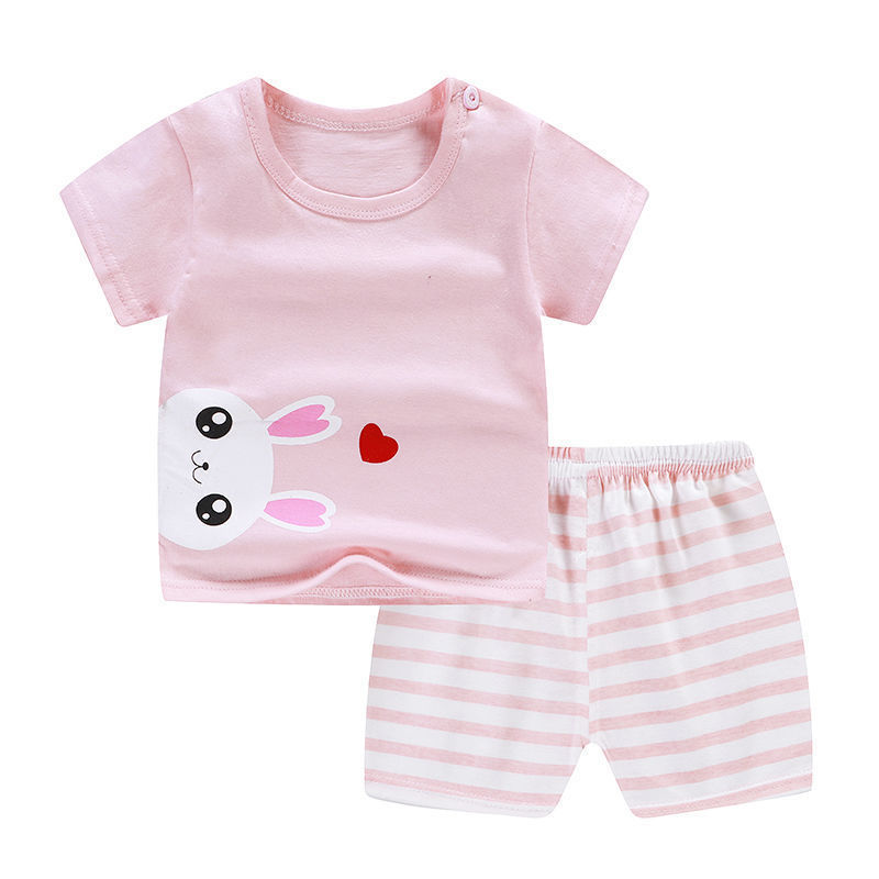 Luxury Summer Infant Newborn Baby Boy Clothes: Stylish pink 2-piece outfit showcasing a cute bunny graphic T-shirt paired with striped shorts, perfect for a chic summer look.