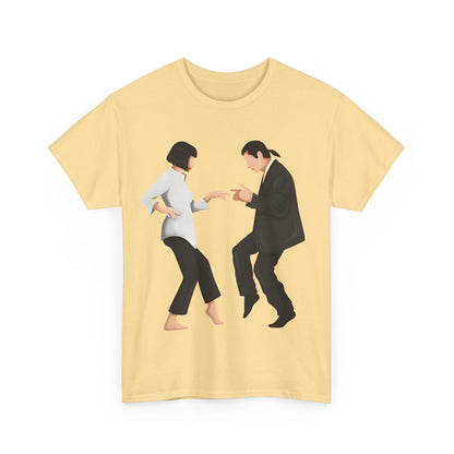 Chic Pulp Fiction Graphic T-Shirt in soft yellow, featuring the beloved dance scene, a must-have for fashion-forward film enthusiasts.
