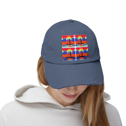 Unisex Distressed Paddleboarders Cap - Stylish Adventure Hat for Water Enthusiasts, highlighting a vibrant paddleboarding graphic on the front of a navy cap worn by an individual.