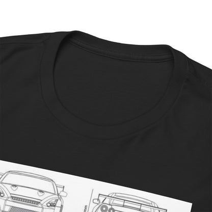 Close-up of the Nissan GTR R35 T-Shirt collar, highlighting comfortable fabric with an elegant technical illustration, perfect for casual luxury wear.