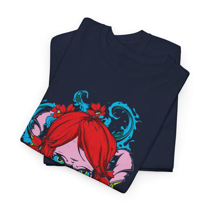 Luxurious navy blue men's t-shirt showcasing stunning artistic design featuring a vivid red-haired skull and intricate floral elements, perfect for a bold fashion statement.