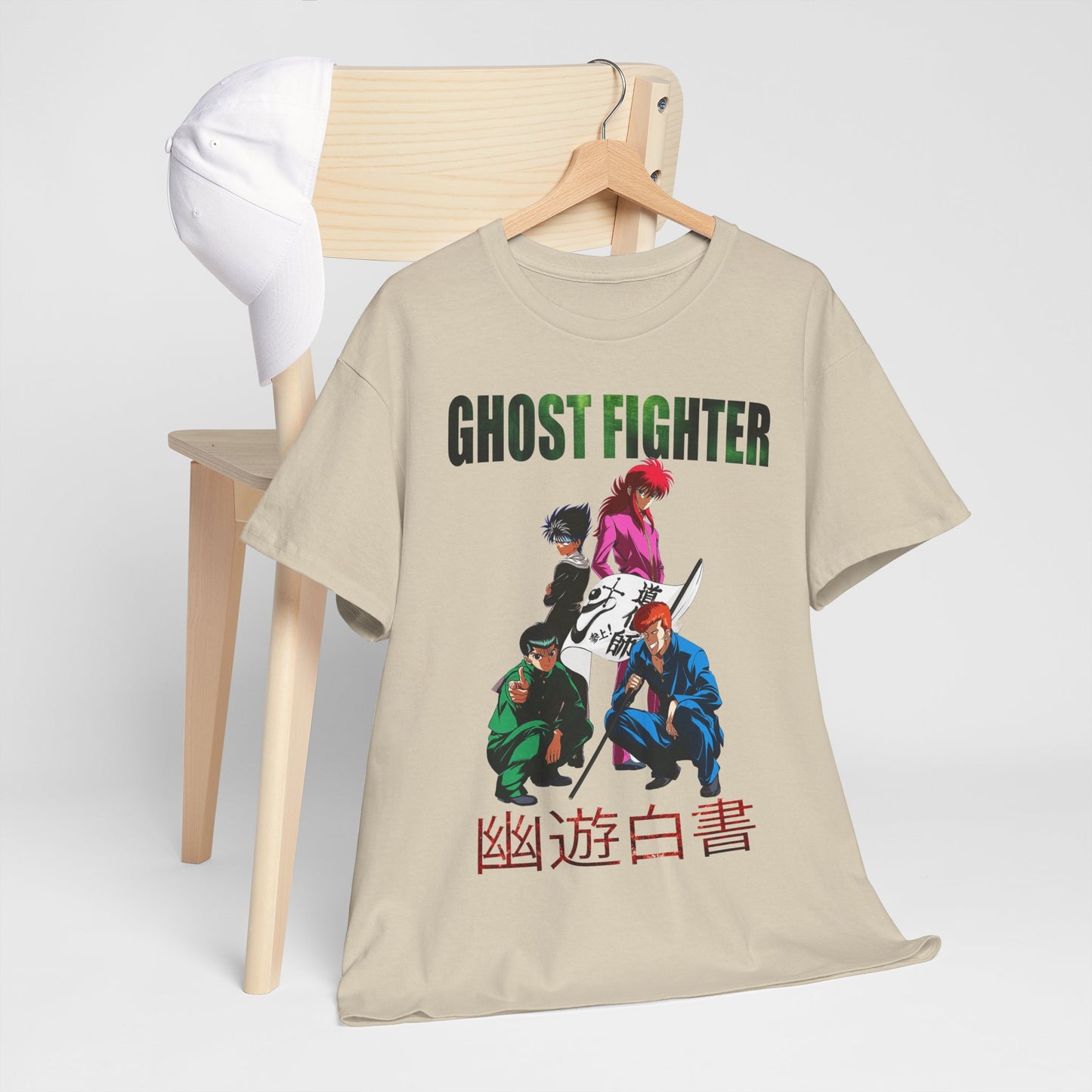 Sophisticated Ghost Fighter T-shirt styled with accessories, illustrating its versatility and trendy appeal, perfect for casual and stylish occasions.