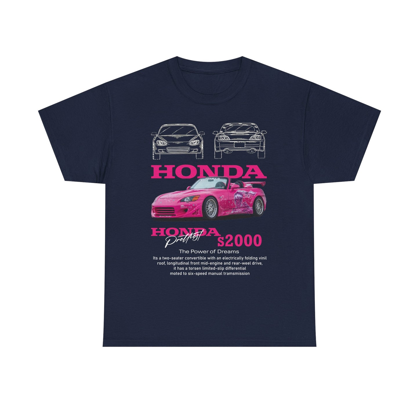 Luxurious Honda S2000 T-shirt featuring bold pink graphics, showcasing the iconic convertible design with detailed line illustrations and branding, perfect for automotive enthusiasts.