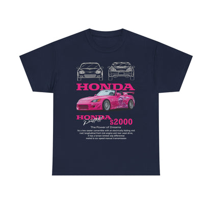 Luxurious Honda S2000 T-shirt featuring bold pink graphics, showcasing the iconic convertible design with detailed line illustrations and branding, perfect for automotive enthusiasts.
