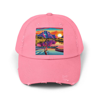 Elegant Unisex Distressed Paddleboarders Cap adorned with a stunning paddleboarding illustration, capturing the essence of outdoor elegance and protection.