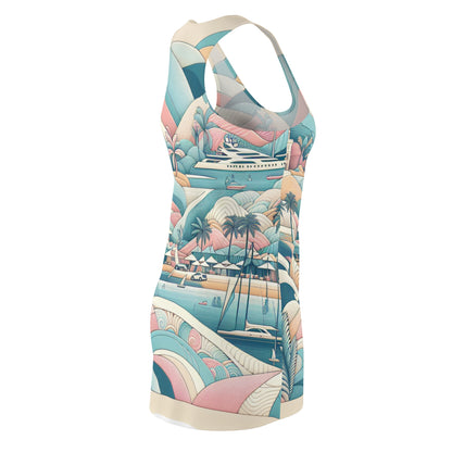 Chic racerback design of Marbella Inspired Dress from Dazzling Dreams Studio, showcasing soft draping and a flattering silhouette perfect for seaside events.