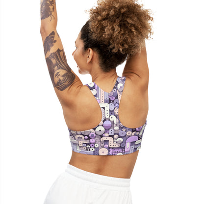 Back view of the Vivienne Starling Abstract Pastel Purple Sports Bra by Dazzling Dreams Studio, demonstrating its chic design and superb fit for women's fitness attire.
