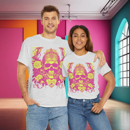 Skulls and Roses Cotton Tee - stylish unisex graphic shirt showcased on a diverse couple, featuring a striking skull and roses design, ideal for alternative fashion lovers.