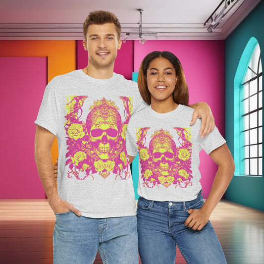 Skulls and Roses Cotton Tee - stylish unisex graphic shirt showcased on a diverse couple, featuring a striking skull and roses design, ideal for alternative fashion lovers.