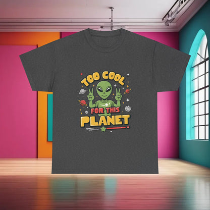 Urban Unisex 100% Cotton Cool Alien Graphic T-Shirt in heather grey, displaying a quirky alien graphic accompanied by 'TOO COOL FOR THIS PLANET'. Perfect for expressing individuality.
