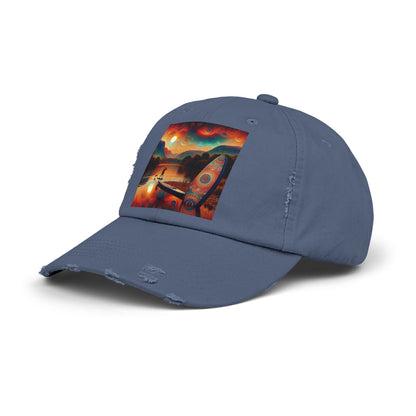 Unisex Distressed Paddleboarders Cap featuring a vibrant paddleboarding artwork, perfect for stylish outdoor enthusiasts.