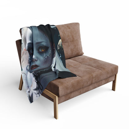 Halloween-themed Arctic fleece blanket elegantly draped on a stylish chair, showcasing a captivating design of a spooky girl, ideal for elevating your autumn decor with a luxurious touch.