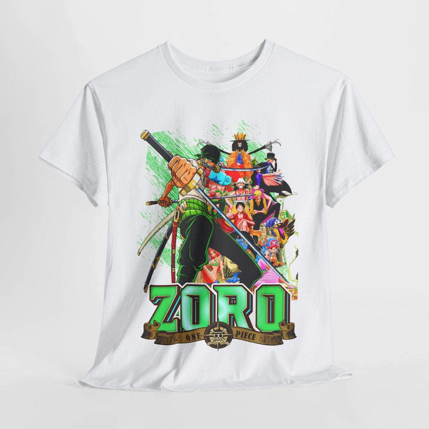 Luxury men's anime graphic tee featuring a striking Zoro illustration from One Piece, showcasing vibrant colours and intricate details, perfect for stylish streetwear.