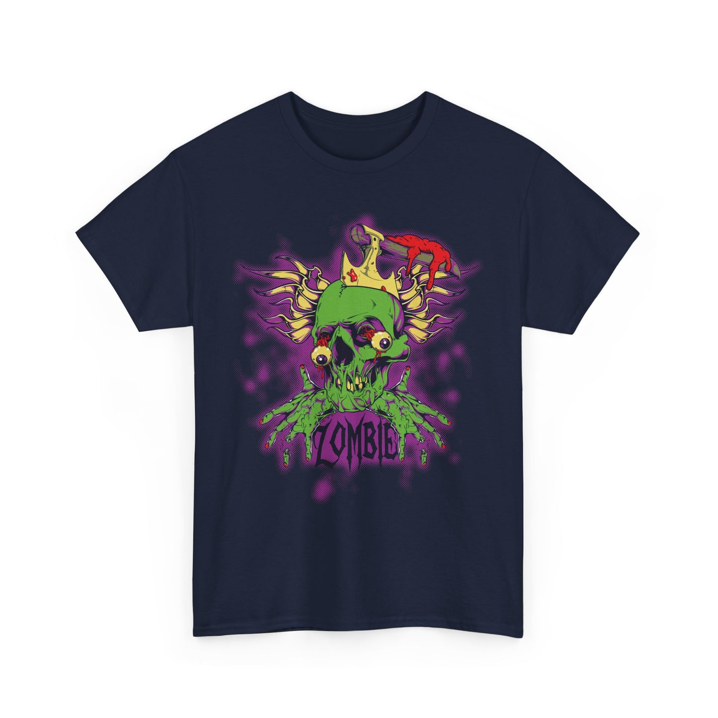 Luxurious men's t-shirt featuring a vibrant cartoonish zombie skull design with a crown and an axe, highlighted by bold colours and an artistic flair, perfect for making a statement.