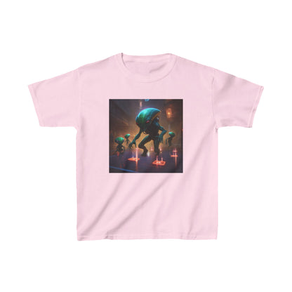 Kids Cute Aliens Heavy Cotton Tee in soft pink featuring charming alien illustrations, ideal for budding space enthusiasts.