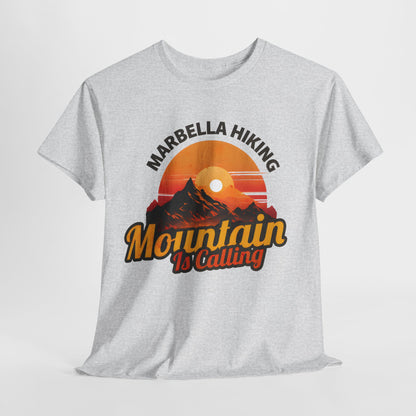 Marbella Hiking Club Unisex Graphic T-Shirt in elegant grey, constructed from premium cotton with a captivating mountain graphic and the saying 'Mountain Is Calling', designed for nature lovers.