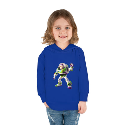 A young child wearing a luxurious Buzz Lightyear Toy Story Hoodie, featuring a high-quality graphic of Buzz Lightyear, set against a clean white background. This fleece sweater is designed for ages 2-5, perfect for stylish young fans of Toy Story.