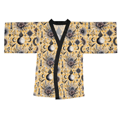 Floral Kimono Robe displayed flat, illustrating its luxurious fabric and intricate floral design, a perfect addition to any classy woman's collection.