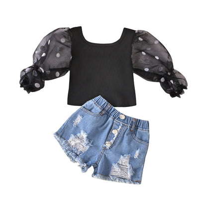 Stylish Children's Clothing Cotton Dot Mesh Sleeves Striped Top Ripped Denim Shorts Kids Suit showcasing the complete outfit including a sophisticated black top with dotted mesh sleeves and fashionable ripped denim shorts.