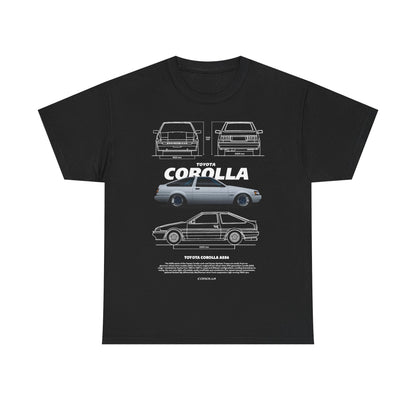 Elegant black men's T-shirt adorned with a meticulously crafted graphic of the renowned Toyota Corolla AE86, highlighting its classic silhouettes in a refined automotive aesthetic.